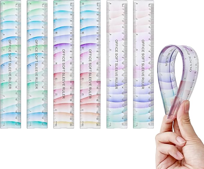 BAYTORY 6Pcs Flexible Plastic Ruler 20 cm /8 Inch, Plastic Ruler for School, Transparent Assorted Color Rulers with Inches and Centimeters, Soft Bendable Rulers for School & Office (20 cm / 8 Inch)