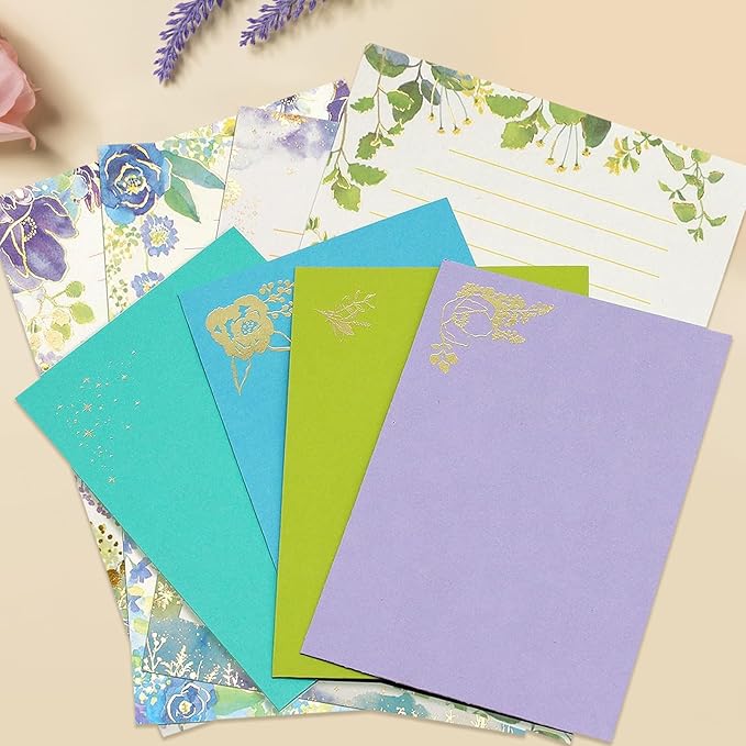 37 Pcs Stationery Paper Envelopes Set Includes 24 Lined Writing Paper & 12 Envelopes with 48 Round Stickers, Inlaid Flower Theme Pattern Letter Writing Paper Envelopes (4Style)