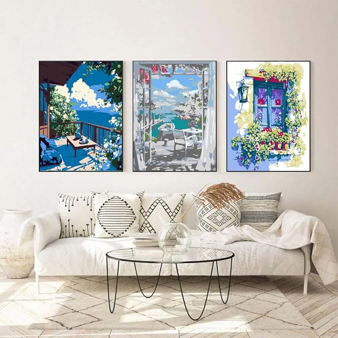 4 Pack Paint by Numbers for Adults with Framed Canvas - with Wooden Easel, Beach Paint by Number on Canvas, DIY Flower Landscape Acrylic Oil Painting Kits with Brushes for Home Wall Decor (8x12 inch)