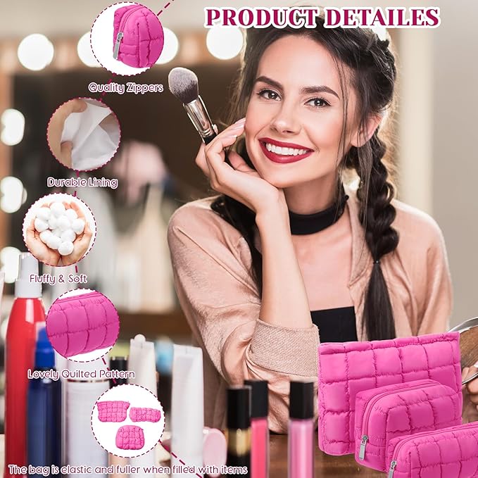 Huhumy 3 Pcs Puffy Makeup Bag Quilted Cosmetic Pouch for Women Cute Checkered Travel Toiletry Bag Puffer Makeup Organizer Purse Pouch Preppy Pencil Case with Zipper(Hot Pink)
