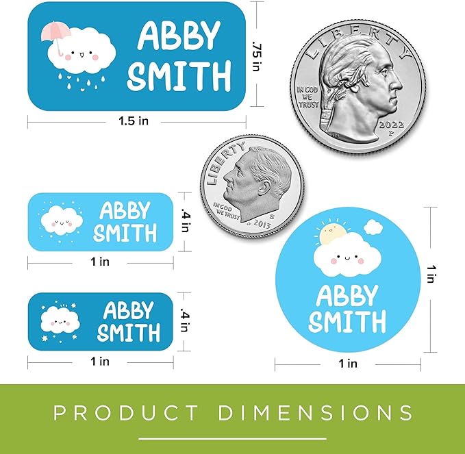 Personalized Daycare Name Labels for Kids, (130 Pack) Waterproof Custom Name Stickers for Clothing Tags, Lunch Boxes and School Supplies, Made in USA by MSC -Clouds