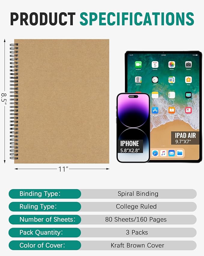 Dynta Large Spiral Notebooks 8.5 "x 11" Lined 3Pcs College Ruled Journals for Work, School And Travel, Good for Students and Office, 160 Pages/80 Sheets with 100 GSM Lined Paper(Kraft Brown)