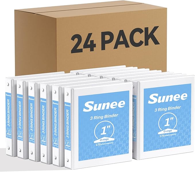 SUNEE White Binders 1 Inch 24 Pack Bulk, Clear View 3 Ring Binders PVC-Free (Fit 8.5x11 Inches) for School or Office Supplies