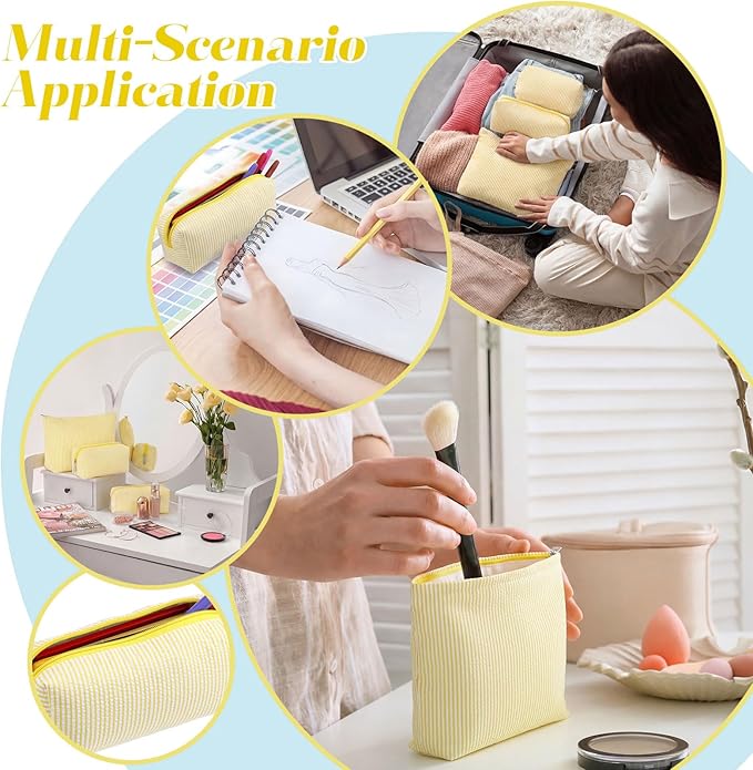 Huhumy 3 Pcs Makeup Bag Set Cute Stripe Cosmetic Pouch for Women Aesthetic Seersucker Travel Toiletry Bag Set Preppy Small Makeup Purse Pouch Cosmetic Organizer Pencil Case with Zipper(Yellow)