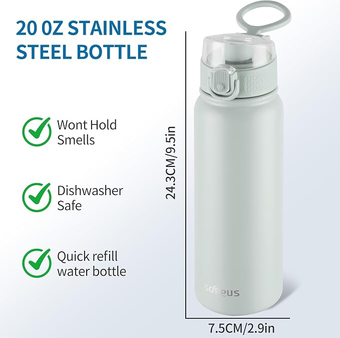 GOPPUS Insulated Water Bottle 20oz Stainless Steel BPA-Free Sports Bottle Ideal for School and Travel Silicone Spout Lid Prevents Leaks, Sweat, and Dust (Light green)