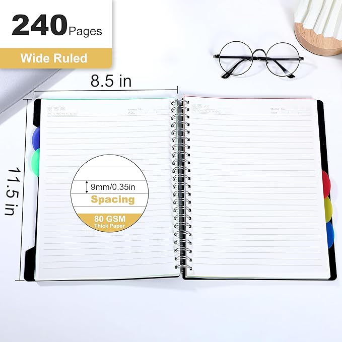 CAGIE 5 Subject Notebook with Dividers, A4 Spiral Notebook 8.5 x 11, 240 Pages Wide Ruled Notebook College Ruled, Large Hardcover Notebook for Note Taking for Work, School, Office, Black