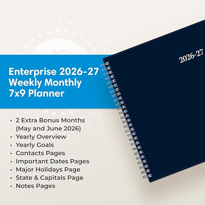 Blue Sky 2026-2027 Weekly and Monthly Academic Year Planner Calendar, July 2026 - June 2027, 7" x 9", Flexible Cover, Wirebound, Laminated Tabs, Enterprise Navy