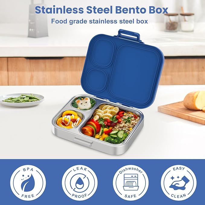 Pawtong Stainless Steel Bento Lunch Box for Kids | 3-Compartment Lunch Box Container Kids | 100% Leakproof, Eco-Friendly, Perfect Portion Control for Kids&Adult Healthy Meals (Blue)