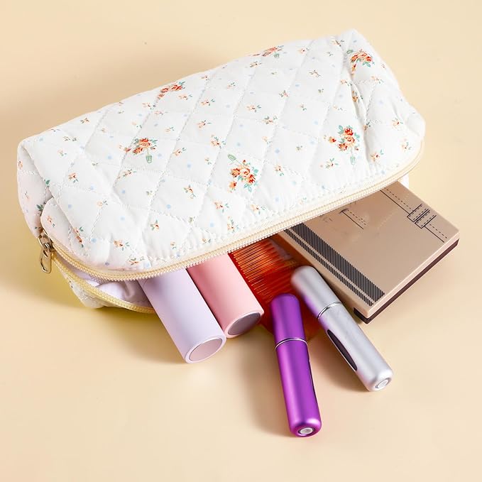 Flowers Pencil Case, Cute Pencil Case, Aesthetic Pencils Bag with Zipper, Soft Quilted Pencils Pouch Organizer, Wide Opening Makeup Bag for Office College