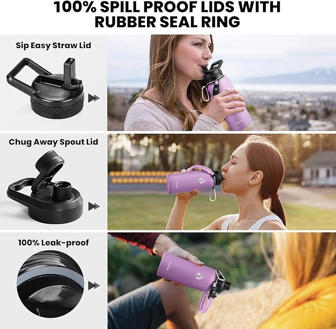RAYMYLO Insulated Water Bottle 32 oz, Triple Wall Vacuum Stainless Steel (Cold for 24Hrs, Hot for 12Hrs), Leak Proof & Non-BPA, Modern Water Flask Jug with Paracord Handle & Straw Spout Lids