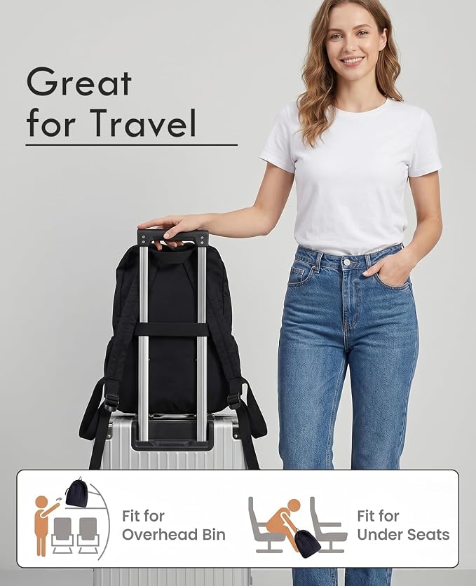 Foldable Backpack for Women, Lightweight Travel Backpack Purse Black | with Luggage Strap, Packable Causal Daypack, Chic Bookbag, Water-Resistant Gym School Backpack for Travel College Daily Use