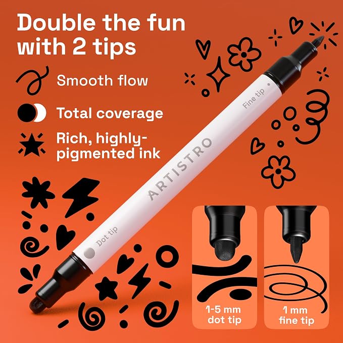 ARTISTRO 24 Black Dual-Tip Acrylic Paint Markers – Paint Pens Set with Dot & Fine Tips for Fabric, Rock, Glass, Wood, Coloring Books – Arts & Crafts Gift – Classroom Must Haves & School Supplies