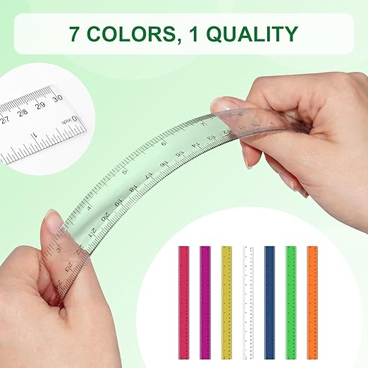 7 Pack 12 Inch Rulers, 30 cm Transparent Rulers, Assorted Color Clear Plastic Rulers with Inches and Centimeters, for Kids School Home and Office Supplies