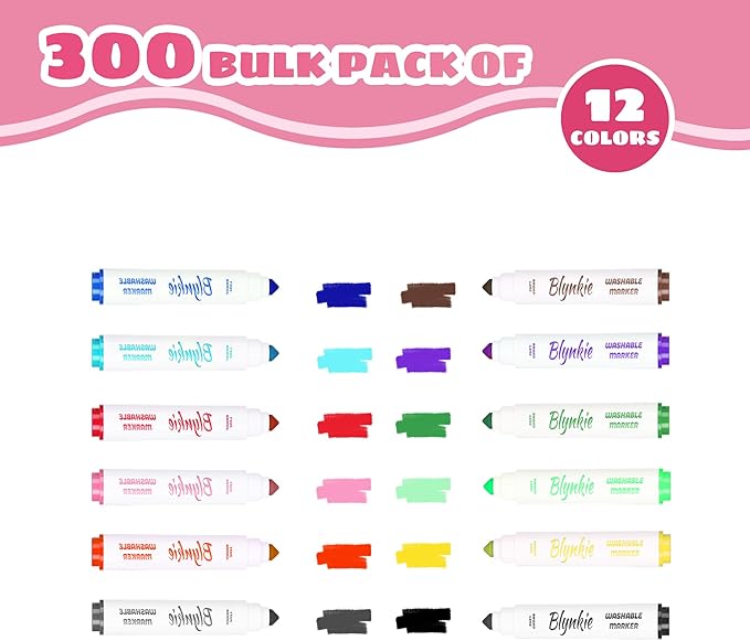 Washable Markers Bulk, Bulk Pack of 300 in 12 Vibrant Colors, Broad Line Markers with Conical Tips- Perfect