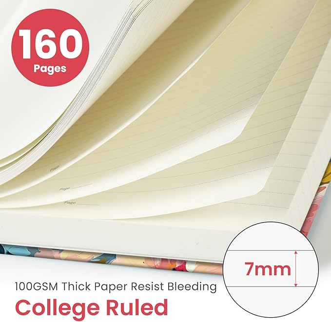 Taja Pretty Lined Journal for Women, Aesthetic Cute Hardcover Leather Journal for Writing, A5 College Ruled Notebook for Work & Note Taking, Perfect for Office School Home, 160 Pages, Pastel Garden