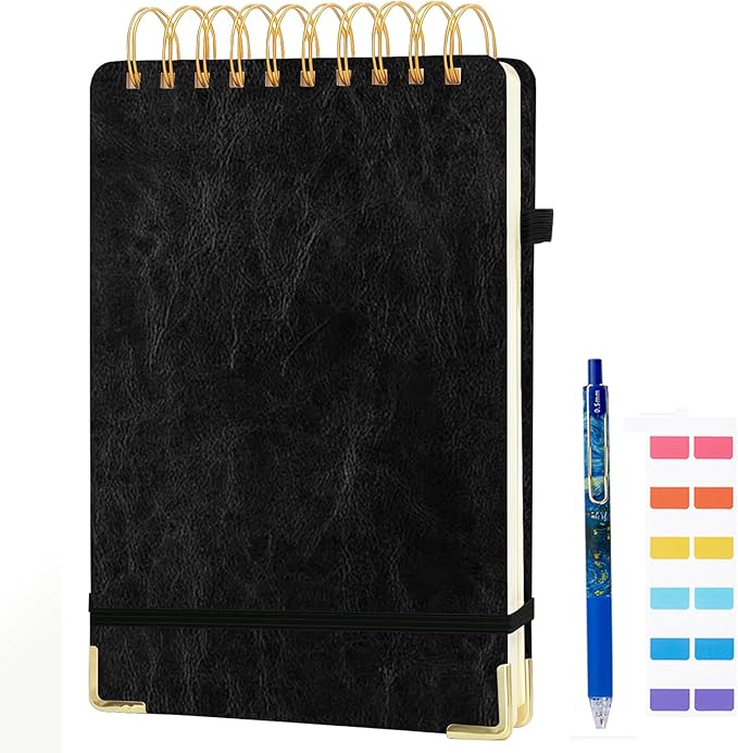 Steno Pads A5 Top Spiral Notebook, Leather Hardcover Top Bound Steno Pads, 240 Pages 100 gsm Thick Lined Paper Left Handed Notebook Journal for School,Work,Meeting Writing, Black