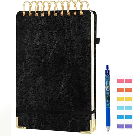Steno Pads A5 Top Spiral Notebook, Leather Hardcover Top Bound Steno Pads, 240 Pages 100 gsm Thick Lined Paper Left Handed Notebook Journal for School,Work,Meeting Writing, Black