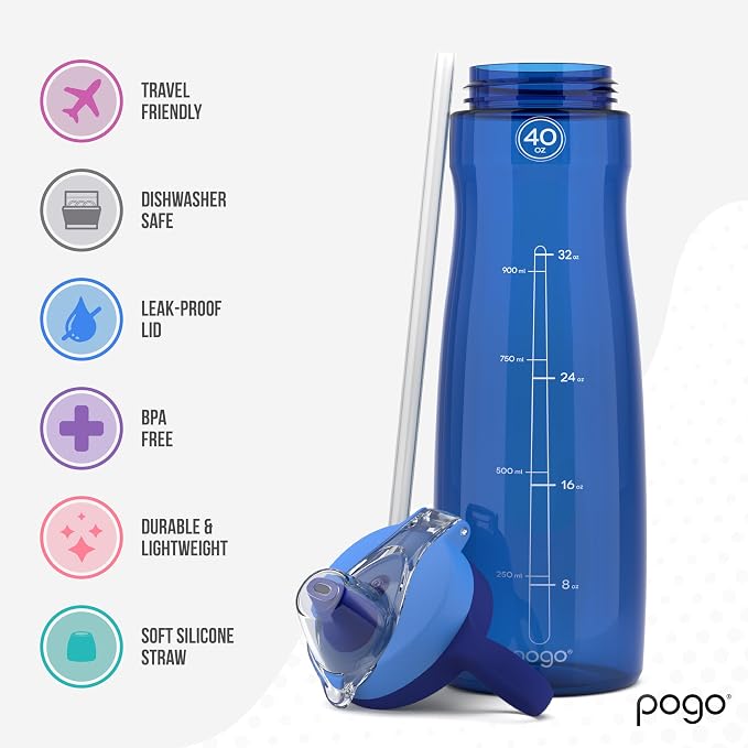 Pogo Plastic Water Bottle with Chug Lid and Carry Handle, Reusable, BPA Free, Dishwasher Safe, Perfect for Travel, School, Outdoors, and Gym, 18oz 32oz 40oz 64oz