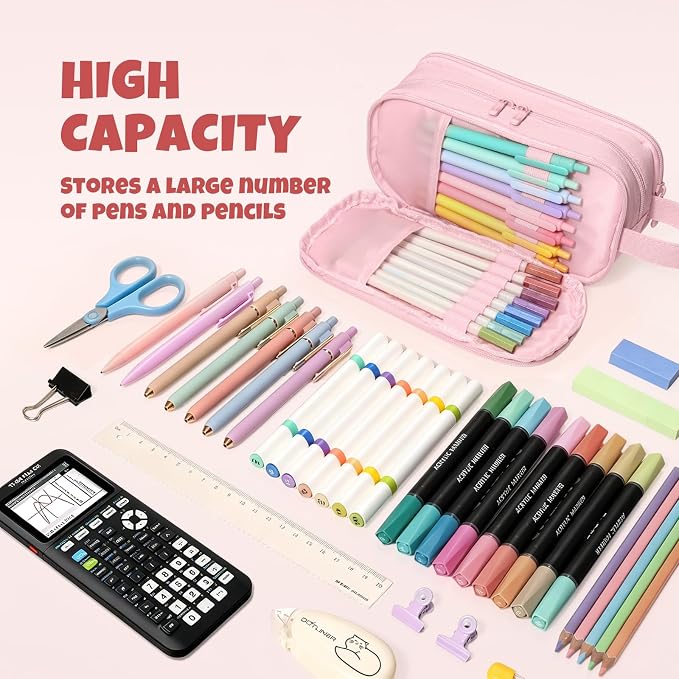 SUNEE Large Capacity Pencil Case with 3 Compartment, Extra Big Pencil Pouch, Pencil Bag with Clear Window, Pen Case School Supplies for Teens Adults Girls,Pink