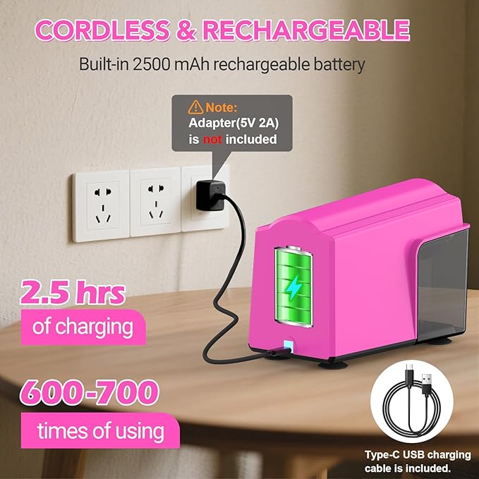 AFMAT Electric Pencil Sharpener for Classroom, 6 Holes, Cordless & Rechargeable, Super Fast, Auto Stop, 10K+ Uses, Heavy Duty Pencil Sharpener for 6-11mm No.2/Large/Colored Pencils PSD4(Pink)