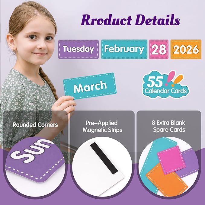 Colorful Magnetic Classroom Calendar for Whiteboard - 63 PCS Calendar Magnets Set with 2 Storage Boxes for Classroom & Home Decor