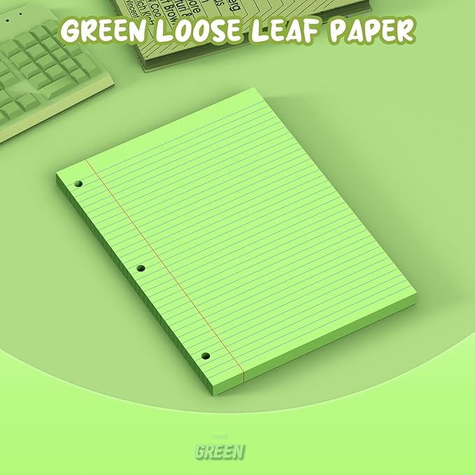 Green Loose Leaf Paper 8 x 10.5, 120 Sheets Lined Paper College Ruled Paper, 3 Hole Punched Notebook Paper College Ruled, 3 Ring Binder Paper 8 x 10.5, Filler Paper College Ruled for Office, School