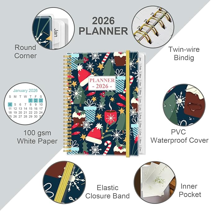 2026 Planner - 8.5" x 11" Planner 2026 from January 2026 to December 2026 with 12 Monthly Tabs, Flexible Cover, Inner Pocket, Christmas tree
