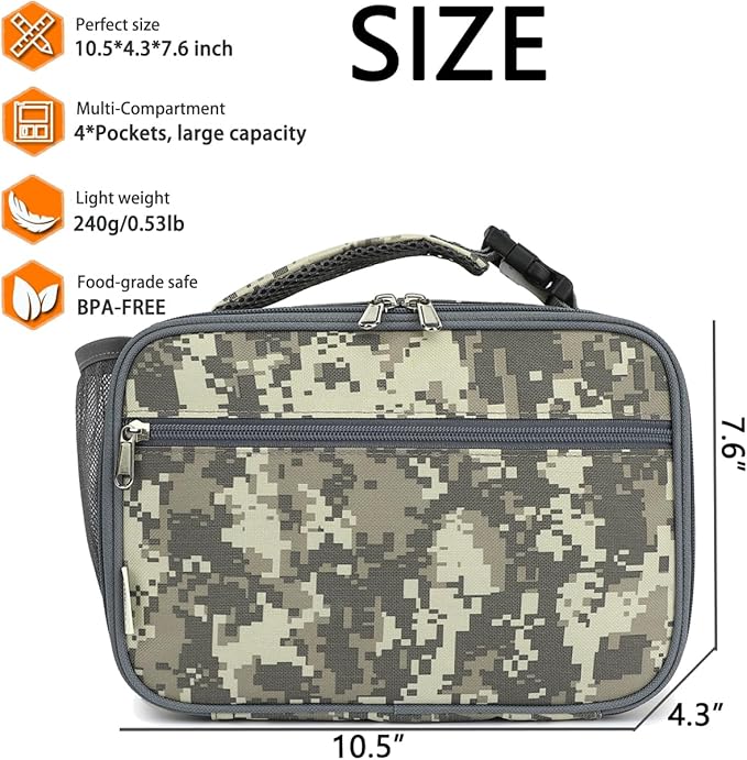 GYEUKHAM Insulated Lunch Box for School, Thermal Reusable Durable Freezable Lunch Bags for Kids Boys Girls Men Women - Small Soft Cooler Portable Lunch Tote Kit for Work Picnic Travel,Grey Camo