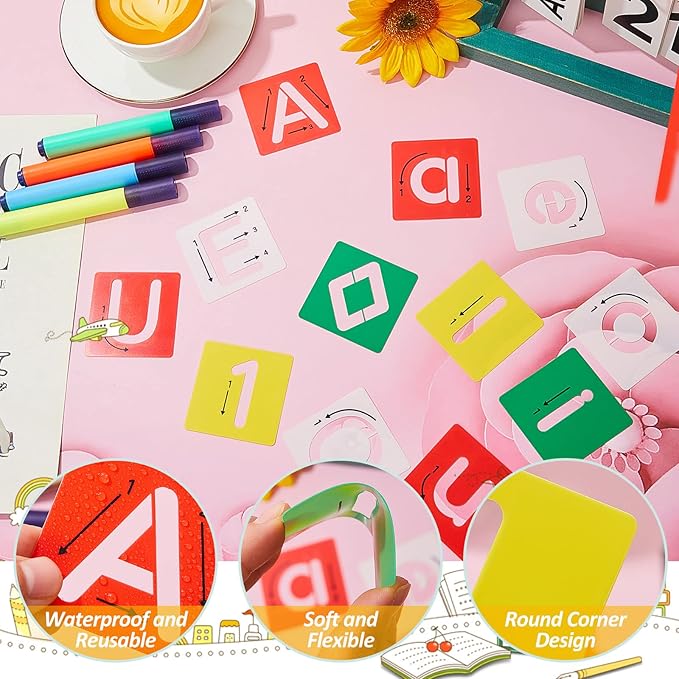 72 Pieces Preschool Letters and Numbers Alphabet Stencils Colorful Double Sided Tracing Board PET Paint Boards for Painting with 4 Pieces Craft Markers Marker Paint Pens Preschool Learning Toys