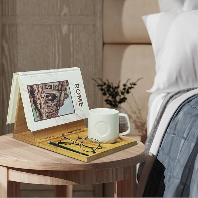 Junfire Triangle Book Stand with Drink Holder, Book Rest, Wooden Book Nook Reading Valet for Book Lover Gifts