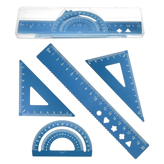 PATIKIL 4 Pcs Geometry Drafting Tool, Aluminum Alloy Geometry Kit Math Tool Includes 20cm L Ruler Protractor Triangles for Drafting Angle Measure Simple Science Experiment, Navy Blue