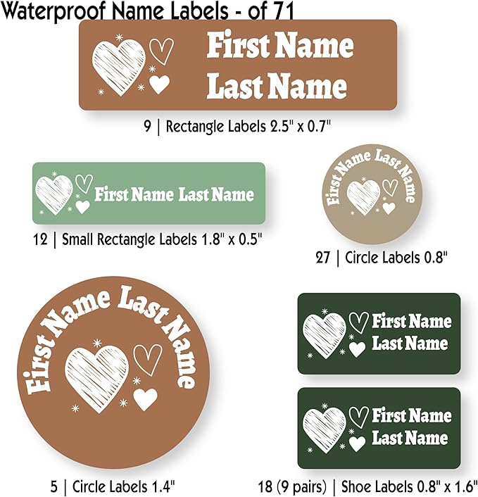 Personalized Kids Name Labels – Waterproof Custom Stickers for Daycare & School, Dishwasher & Laundry Safe (Heart-6)