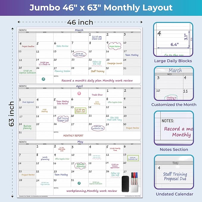 Extra Large Magnetic Dry Erase 3 Month Calendar for Wall, 46" x 63" Jumbo 90 Day Quarterly Whiteboard Calendar, Dual-Sided Magnetic Undated Planner with Big Blocks for Office & Family