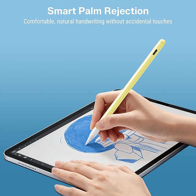 Stylus Pen for iPad 2018-2026, 2X Fast Charge Active Pencil with Tilt Sensitivity & Palm Rejection, iPad 11/10/9/8/7/6/A16, Air M4/M3/M2, Pro M5/M4, Mini 7/6/5 (Yellow)