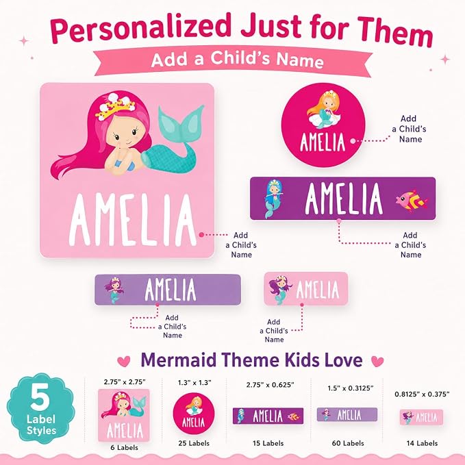 Andaz Press Mermaid 120-Pack Custom Personalized Waterproof School Name Labels, Kids Labels Combo Pack, Customizable Multi-Use Name Stickers