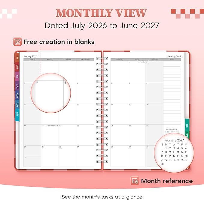 Planner 2026-2027 Monthly and Weekly Academic Planner July 2026 - June 2027, Hardcover Calendar 2026-2027 Agenda Daily Planner for Student Teacher School Office Supplies, 7.4" x 10.2", Pink Checkered