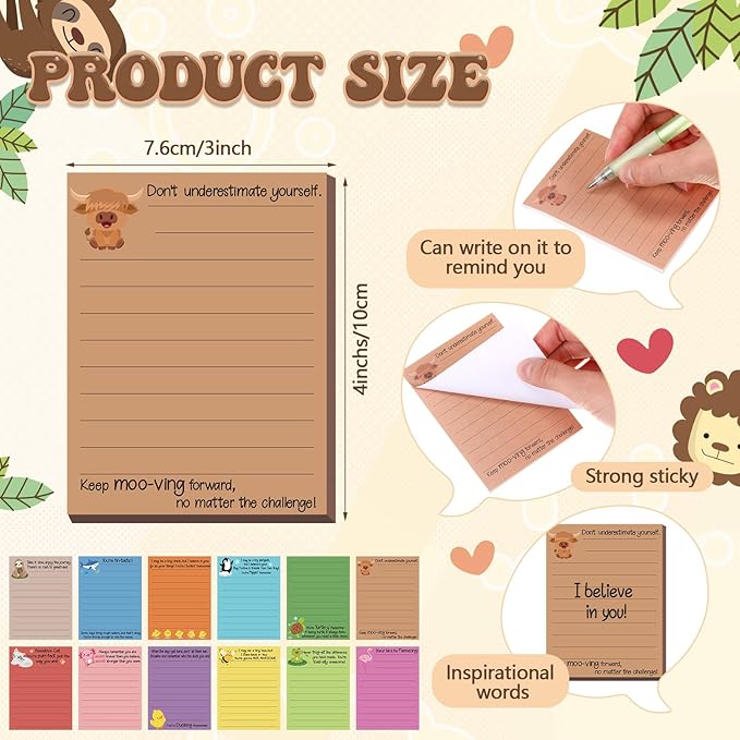 AmazingSpark 12 Pcs Cute Inspirational Sticky Notes, 4 * 3 Motivational Notepads Positive Emotional Support Gift Funny Lined Memo Note Pads for Office Desk Supplies Coworker Employee(Animals)
