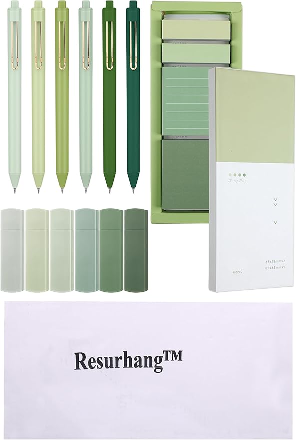 Resurhang Aesthetic Stationery Set Supplies Sticky Notes Set 6 Mini Correction Tapes 6 Retractable Black Ink Pens 0.5mm Fine Point Paper Corrective Pen Self Stick Index Tabs(Green)