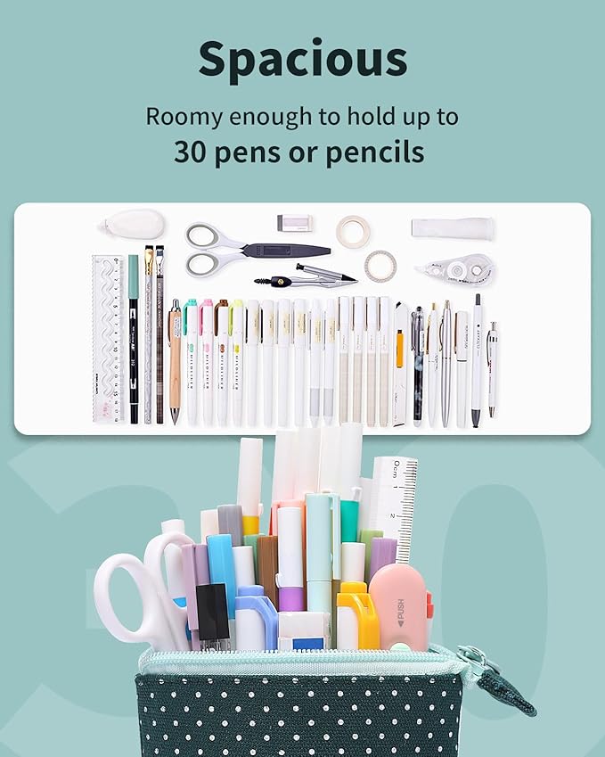 Sooez Standing Pencil Case, Cute Stand up Pencil Pouch, Telescopic Pen Pouch, Portable Pencil Holder, Kawaii Stand up Pencil Case, Spacious Pencil Pouch Bag for School Office Supplies, Green