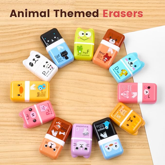 Sooez 12 Pack Pencil Erasers, Cute Erasers Pencil Eraser with Clean up Roller Pencil Eraser Shaving Roller Case Erasers for Party Favors Gift Supplies