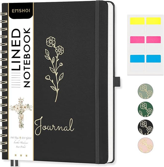 EMSHOI Lined Spiral Journal Notebook, 140 Numbered Pages, College Ruled Notebook, Hardcover Leather Journals for Women Men Work, Writing, Note Taking, Bible Study, B5(7.48"x10.15") - Black