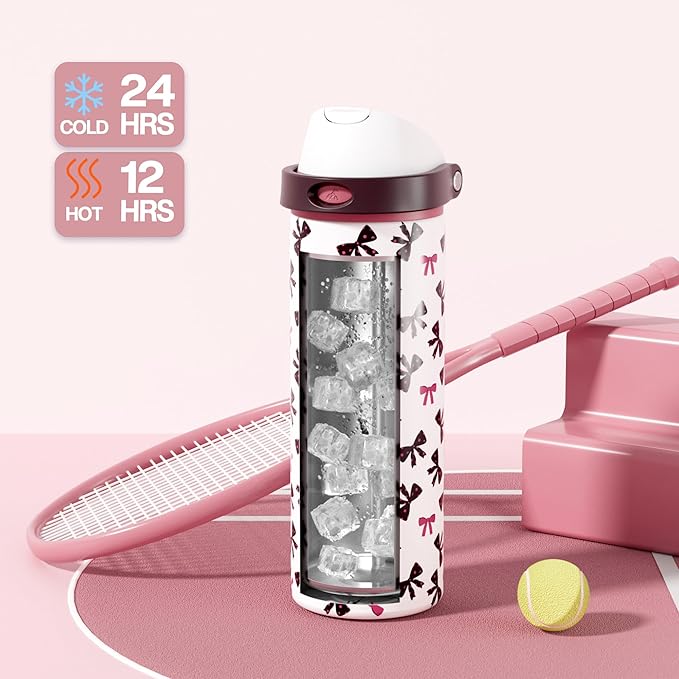 POWCAN 24 oz Insulated Water Bottle with Straw: 2-in-1 Push-Button Spout & Quick-Flip Straw, Leakproof, Cold 24Hrs, Fits Car Cup Holder, Stainless Sports Bottle for Gym, Travel Gift (Pretty in Bows)