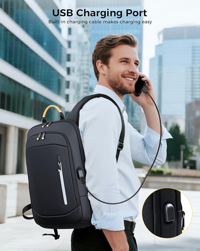 Slim Laptop Backpack for Men, 15.6 Inch Business Travel Backpack with USB Charging Port, 1.5Lbs Lightweight Work Computer Bag, 600D Waterproof Durable Backpack, Black
