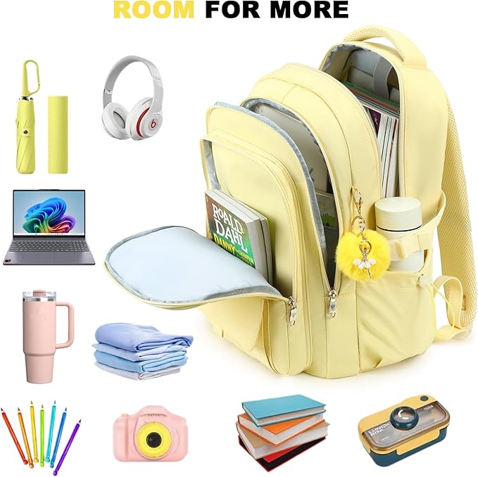 School Bag for Teens Girls,Girls Backpack,3 PCS Backpack for Girl, 15.6 Inch Laptop with Lunch Box Pencil Pouch Set (Yellow Set)