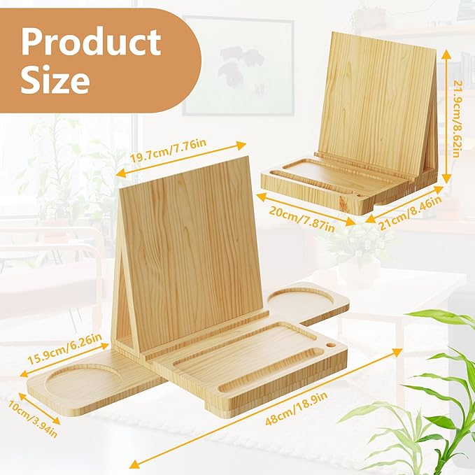 Triangle Book Holder Stand, Wooden Book Nook Reading Valet, Book Rest with Cup, Glasses & Pen Holder, Book Display Stand for Reading in Bed, Coffee and Book Lovers (Yellow)