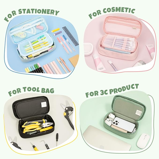 SUNEE Cute Pencil Case, Large Capacity Pencil Pouch, Big Storage Organizer for Stationery, Zipper Pen Bag, Back to School Supplies, Office Organizer Makeup Bag, for Teen Girl Boy Men Women, Green