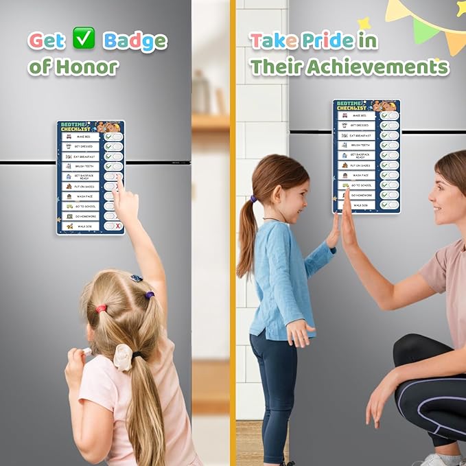 Upgraded Slider Chore Chart for Kids, Magnetic Kids Chore Chart for 2 Kids, Dry Erase Morning/Bedtime Routine Chart for Kids Toddlers, Visual Schedule for Kids