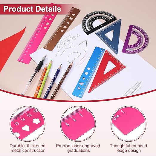 PATIKIL 8 Pcs Geometry Drafting Tool, Aluminum Alloy Geometry Kit Math Tool Includes 20cm L Ruler Protractor Triangles for Drafting Angle Measure Simple Science Experiment, Pink