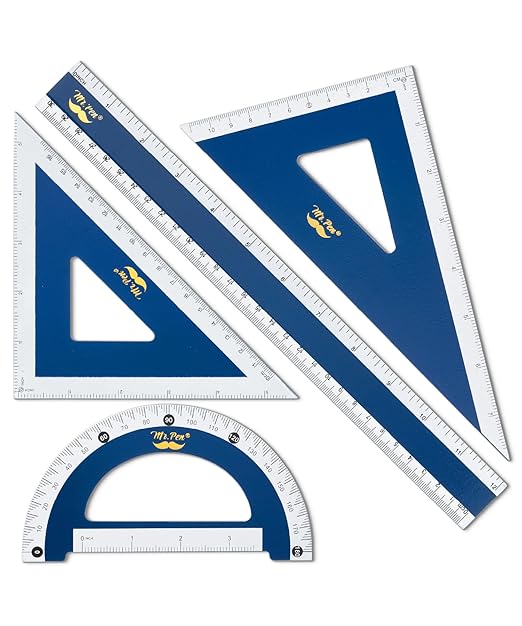 Mr. Pen- Wooden Geometry Set, 4 Pack, 8" 30°/60° Set Square, 5.5" 45°/90° Set Square, 6" Protractor & 12" Ruler for Classroom Use, Math, Drafting, Technical Drawing & Architecture