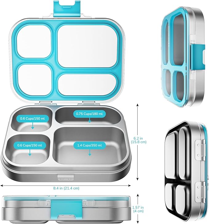 G.a HOMEFAVOR Stainless Steel Lunch Box - 4 Compartments Bento Box for Kids, Leakproof Food Container for School, Office, Dishwasher Safe, BPA-Free, 800 ml/27 oz, Blue